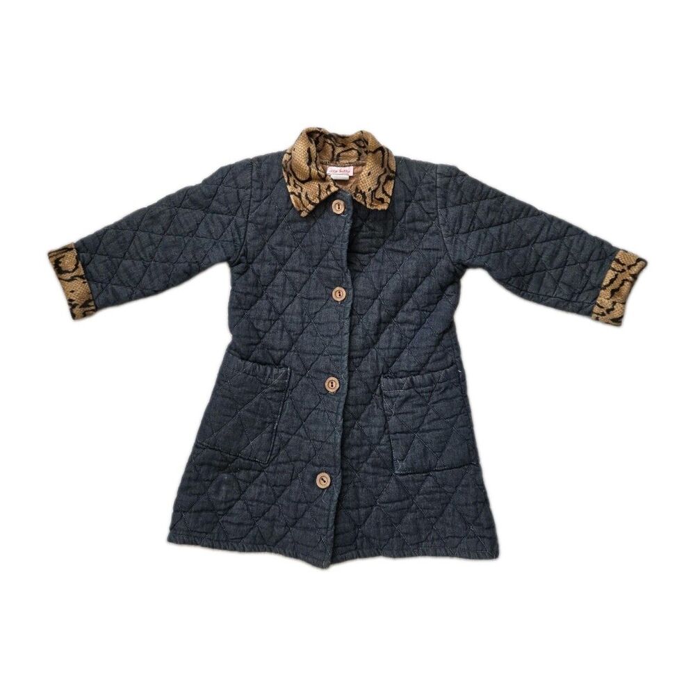 VTG Itty Bitty USA Girls Size 4 Blue Quilted Coat Leopard Print Faux Fur Trim